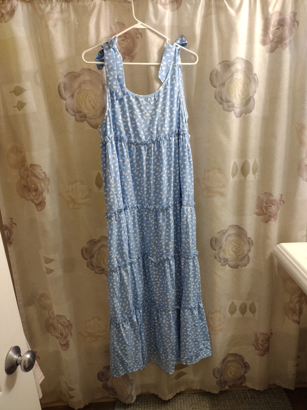 Lovely Light Blue Printed Tie-Shoulder Tiered Maxi Dress - Picture 4 of 5